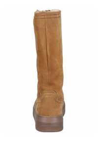 Hoher brauner Lederstiefel mit strukturiertem Obermaterial und weicher Innenauskleidung, ausgestattet mit einer Gummisohle und dezenten Nähdetails entlang der Nähte.