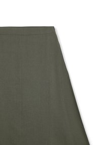 Dunkelgrüner Leinenrock mit geradem Schnitt, glatter Textur und schlichten Design. Bund ohne sichtbare Beschläge.