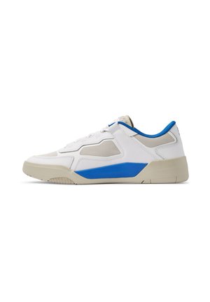 White athletic sneaker with blue accents, mesh and leather panels, padded collar, textured rubber sole, low-top design, lace-up front.
