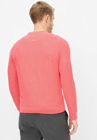 Korallenroter Langarm-Strickpullover mit glatter Textur, Rundhalsausschnitt, kombiniert mit kontrastierenden grauen Hosen, von hinten dargestellt.