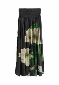 Jupe noire plissée avec une large ceinture smockée et un grand imprimé de fleurs blanches et de feuilles vertes.