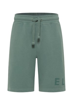 Pantaloni corti in misto cotone di colore verde spento, con vita elastica e cordino, tasche laterali e una grande grafica "EL" sulla gamba sinistra.