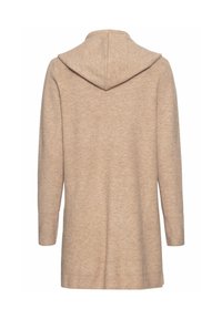 Beige Kapuzen-Cardigan mit strukturiertem Strickmuster, langen Ärmeln und lockerer Passform, die hinten bis zur Mitte des Oberschenkels reicht.