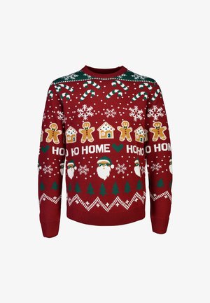 Maglione rosso lavorato a maglia con motivi festivi: omini di pan di zenzero, bastoncini di zucchero, alberi di Natale e fiocchi di neve. Polsini e orlo a costine.