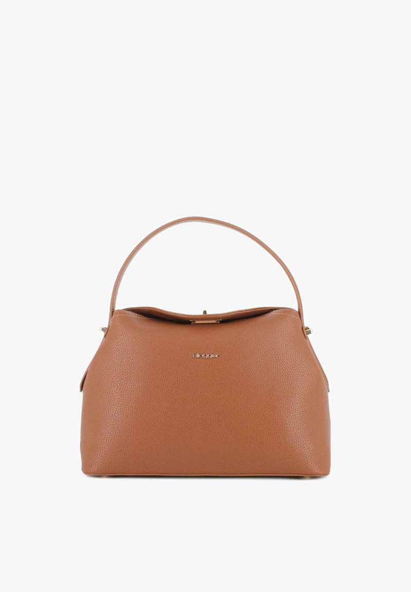 Bolso de mano de cuero marrón con textura, con una sola asa superior y una pequeña placa metálica con el logo en el centro del frente.