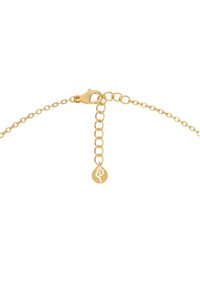 Guld kædearmbåndet har en lobster clasp, justerbare led og et rundt mærke med et stiliseret logo. Glat tekstur hele vejen igennem.