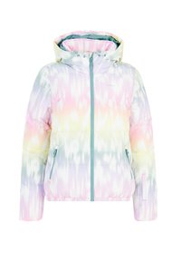 Puffjacke in Pastellfarben mit einem Batikmuster. Sie verfügt über einen Reißverschluss auf der Vorderseite, eine verstellbare Kapuze und zwei seitliche Taschen mit Reißverschluss.