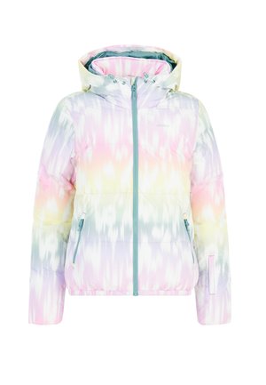 Pufferjack in pastelkleuren met een tie-dye patroon. Beschikt over een ritssluiting aan de voorkant, een verstelbare capuchon en twee ritszakken aan de zijkant.