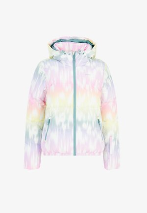 Puffjakke i pastelfarver med tie-dye mønster. Har lynlås foran, justerbar hætte og to lynlåslommer i siden.