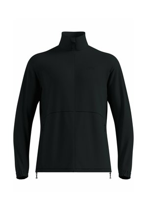 Schwarze Langarm-Zip-Up-Jacke mit Stehkragen, zwei mit Reißverschluss versehenen Fronttaschen und elastischen Bündchen.