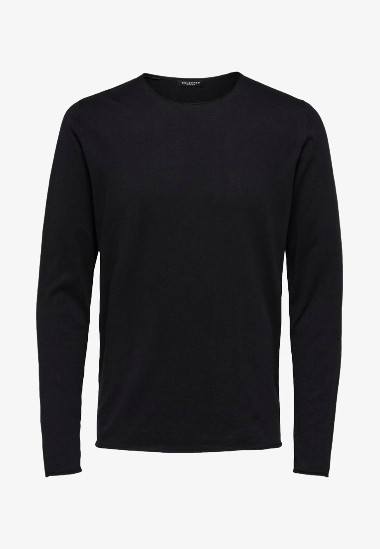 Svart långärmad t-shirt med rundad halsringning, slim fit och slät väv, designad för avslappnad eller semi-formell användning.