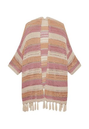 Kimono de ganchillo ligero, con rayas horizontales en rosa, durazno y crema, con dobladillo con flecos y mangas abiertas.