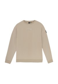 Beżowa bluza crewneck wykonana z miękkiego materiału, z subtelnym logo na klatce piersiowej, ściągaczami przy mankietach i u dołu. Klasyczny krój z długimi rękawami.