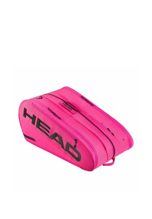 Bolsa de tenis HEAD de color rosa brillante con múltiples compartimentos con cremallera, diseñada para llevar raquetas y equipo deportivo.