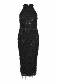 Svart halterneck-klänning med intrikata pärl- och fransdetaljer. Fitted silhuett med knälång nederkant och texturerat diamantmönster.