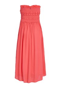 Abito maxi coral, senza spalline, con corpetto arricciato, dettagli a volant e gonna fluida. Realizzato in tessuto leggero con una texture morbida.