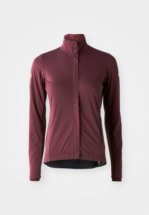 Jachetă de ciclism lungă, de culoare vișinie, confecționată dintr-un material elastic, cu guler înalt, fermoar complet și buzunare laterale cu fermoar.