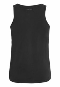 Canotta nera senza maniche in cotone con scollo rotondo. Design semplice e texture liscia con un piccolo logo sulla schiena.