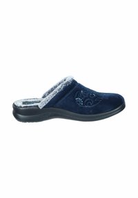 Navy suede slip-on slippers with gray faux fur lining and embroidered floral design. Features a flexible black outsole for comfort.