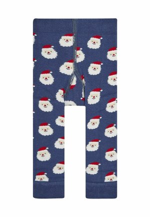 Blaue Leggings mit einem wiederholten Muster von Weihnachtsmann-Gesichtern mit roten Hüten. Hergestellt aus Strickstoff mit einem elastischen Bund.