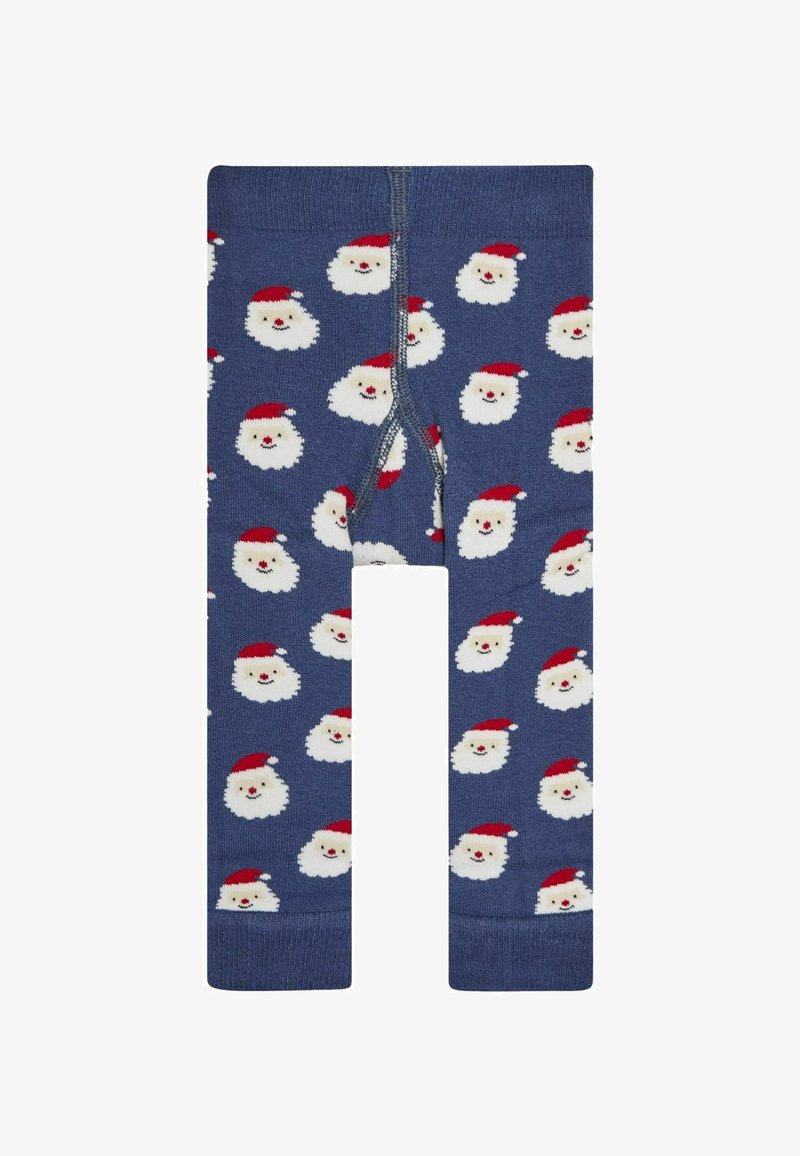 Zilas legingas ar atkārtotu Santa Klausa seju rakstu, kuram ir sarkanas cepures. Izgatavoti no adīta auduma ar elastīgu jostasvietu.