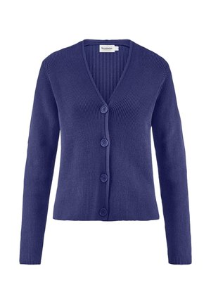 Cardigan in blu navy lavorato a maglia con scollatura a V, cinque bottoni sul davanti e texture a costine. Maniche lunghe con una silhouette aderente.