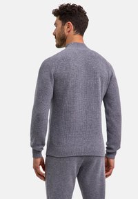 Grauer Strickpullover mit strukturiertem Muster, gerippten Bündchen und Saum, Rundhalsausschnitt, von hinten an einem Modell gezeigt.