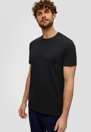 Black cotton T-shirt with a classic crew neck and short sleeves, smooth texture, and a simple, unadorned design.