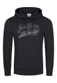 Zwarte hooded sweatshirt met een voorzak. Heeft een grijs gedrukt logo en tekst. Gemaakt van zachte stof, ontworpen met ribgebreide boorden en zoom.