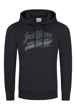 Zwarte hooded sweatshirt met een voorzak. Heeft een grijs gedrukt logo en tekst. Gemaakt van zachte stof, ontworpen met ribgebreide boorden en zoom.