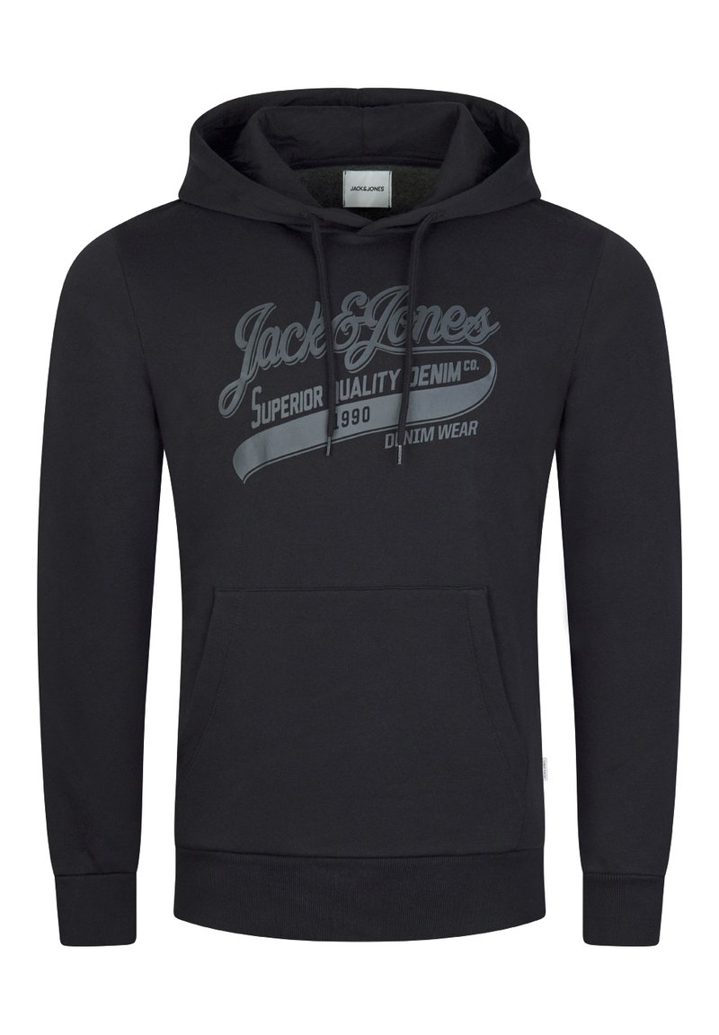 Zwarte hooded sweatshirt met een voorzak. Heeft een grijs gedrukt logo en tekst. Gemaakt van zachte stof, ontworpen met ribgebreide boorden en zoom.