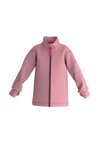Giacca in felpa rosa chiaro con colletto alto, zip completa e polsini a costine. Presenta il logo sulla manica e una texture liscia e morbida.