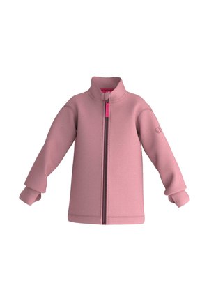 Heller rosa Fleece-Jacke mit hohem Kragen, vollem Reißverschluss und gerippten Bündchen. Mit Logo auf dem Ärmel und einer glatten, weichen Textur.