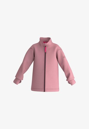 Lys rosa fleecejakke med højt krave, fuld lynlås og ribbede manchetter. Har logo på ærmet og en glat, blød tekstur.