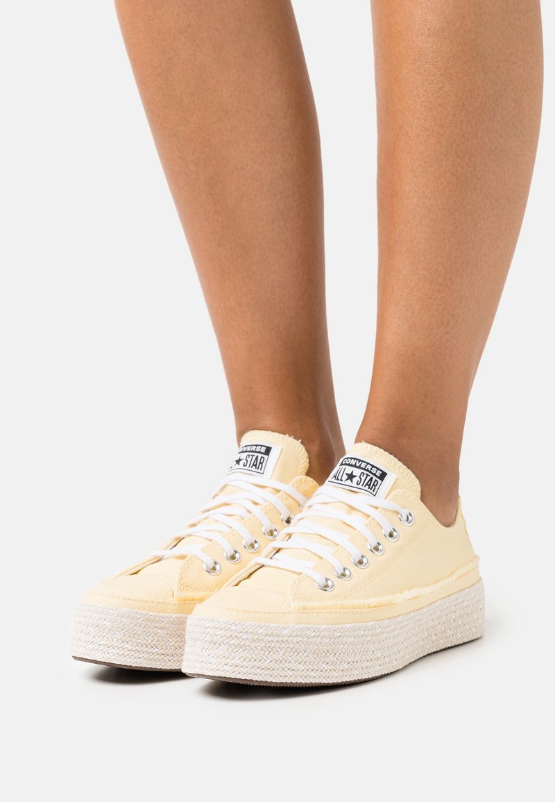 Gambe che indossano sneakers platform Converse All Star giallo pallido con lacci bianchi e suole spesse a texture intrecciata su uno sfondo bianco.