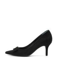 Black suede pointed-toe pump with a kitten heel and decorative bow on the front, shown in side profile on a white background.