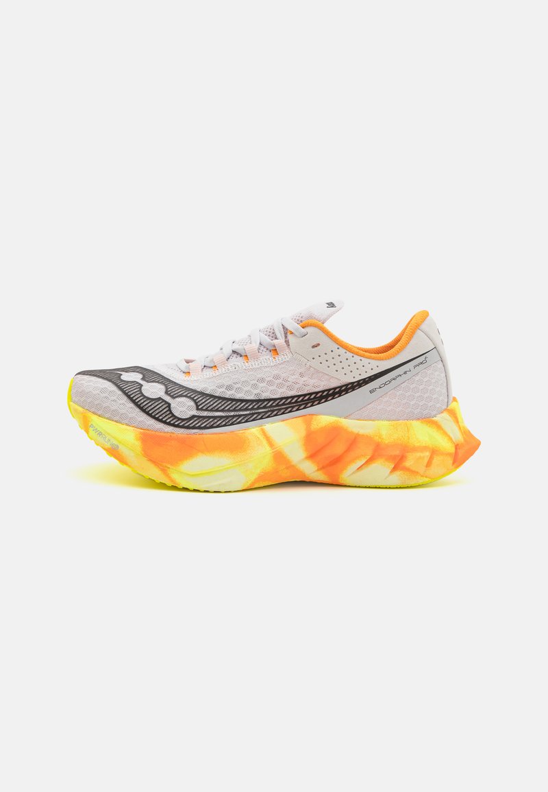 Running shoe with a gray mesh upper, black accents, and a bright orange-yellow sole. Features a cushioned, textured outsole for traction.