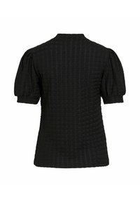 Top nero con maniche a sbuffo realizzato in tessuto strutturato, caratterizzato da un collo rotondo e una silhouette aderente con sottili motivi orizzontali.