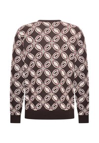 Stickad tröja i mörkbrun med ett cirkulärt bladmönster i vitt och burgund. Ribbad ärm- och nederkant, standard rund halsringning.