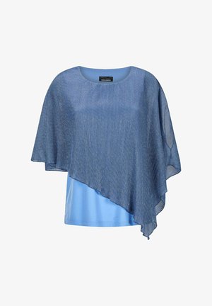 Blaues Kurzarm-Top mit einem mehrlagigen, asymmetrischen, transparenten Überwurf, rundem Ausschnitt und leicht strukturiertem Stoff.