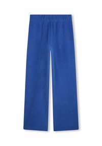 Blauwe corduroy broek met een wijd uitlopend ontwerp, voorzien van een zachte textuur en een elastische tailleband voor comfort.
