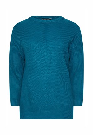 Türkiser gestrickter Pullover mit rundem Ausschnitt und Dreiviertelärmeln. Hat eine gerippte Struktur und eine lockere Passform.