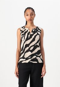 Top senza maniche con stampa zebra nera e beige, scollatura a V e dettagli arricciati sulle spalle. Tessuto dalla texture liscia.