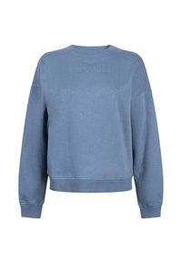 Lichtblauwe sweatshirt gemaakt van zacht stof. Heeft een ronde halslijn, een drop shoulder ontwerp, ribgebreide boorden en een subtiele geperste logo aan de voorkant.