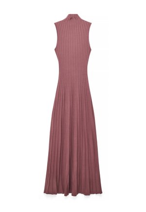 Nesshēlas, augsta kakla, ribota trikotāžas maksi kleita putekļainā rozā krāsā ar pieguļošu augšdaļu un plūstošu krojētu svārku.