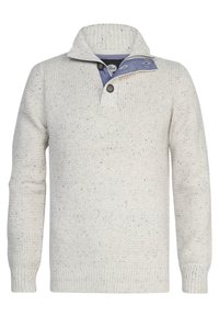 Pulover tricotat gros într-o nuanță de crem deschis cu pete. Are un guler pliat, placket cu două butoane și manșete și tiv cu model în relief.