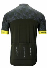 Maillot de cyclisme à manches courtes en vert foncé avec un motif géométrique noir, des accents réfléchissants et trois poches arrière. Conçu pour la performance et le confort.