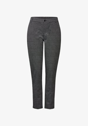 Pantalons à carreaux gris et noir, design ajusté, avec une taille standard et une fermeture par bouton. Tissu lisse avec une texture élégante.