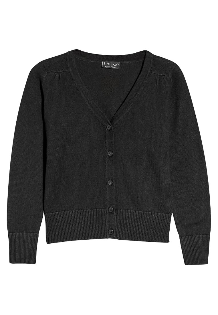 Schwarze Strickjacke mit V-Ausschnitt, langen Ärmeln und Knopfverschluss. Hergestellt aus weichem Stoff mit gerippten Bündchen und Saum. Verfügt über geraffte Details an den Schultern.