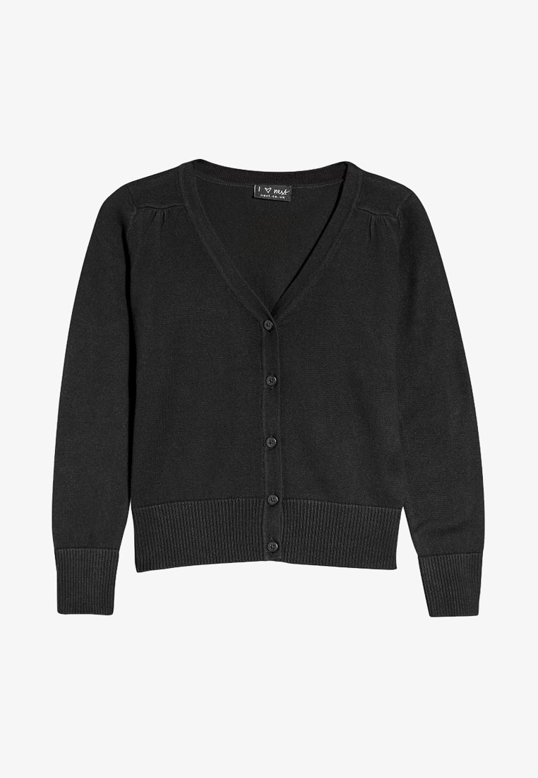 Schwarze Strickjacke mit V-Ausschnitt, langen Ärmeln und Knopfverschluss. Hergestellt aus weichem Stoff mit gerippten Bündchen und Saum. Verfügt über geraffte Details an den Schultern.